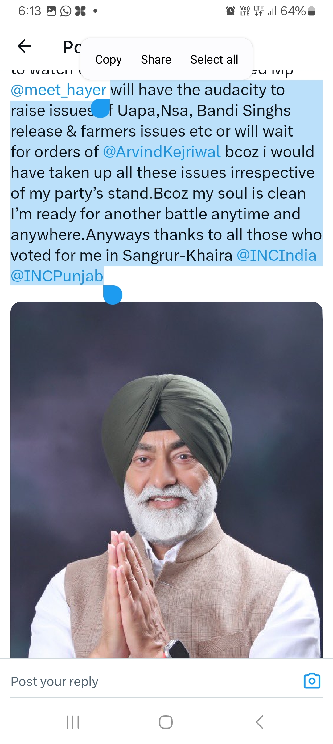 Will Meet Hayer has audacity to raise the UAPA,NSA,release of Bandi Singhs and farmers issues-Khaira questions?Terms his defeat to 5 AS vacant,Dera Premis and Kisan unions support to AAP