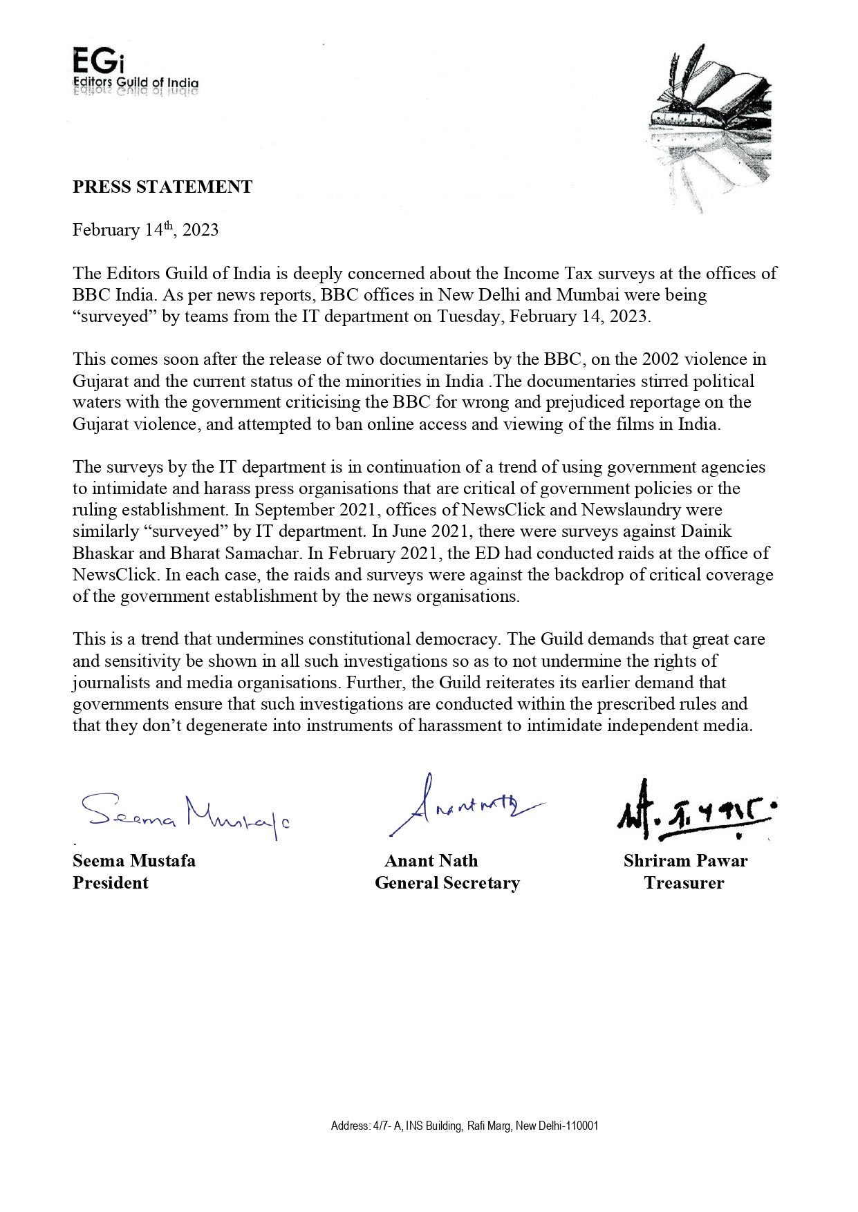 Surveys on BBCs offices after it broadcast"India- The Modi question" are allegedly to intimidate freedom of press,EGI also expresses concern
